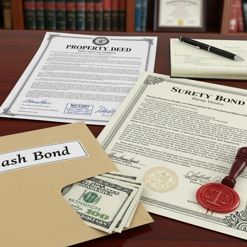 Cash, surety, and property bonds shown on a table — options and trade-offs