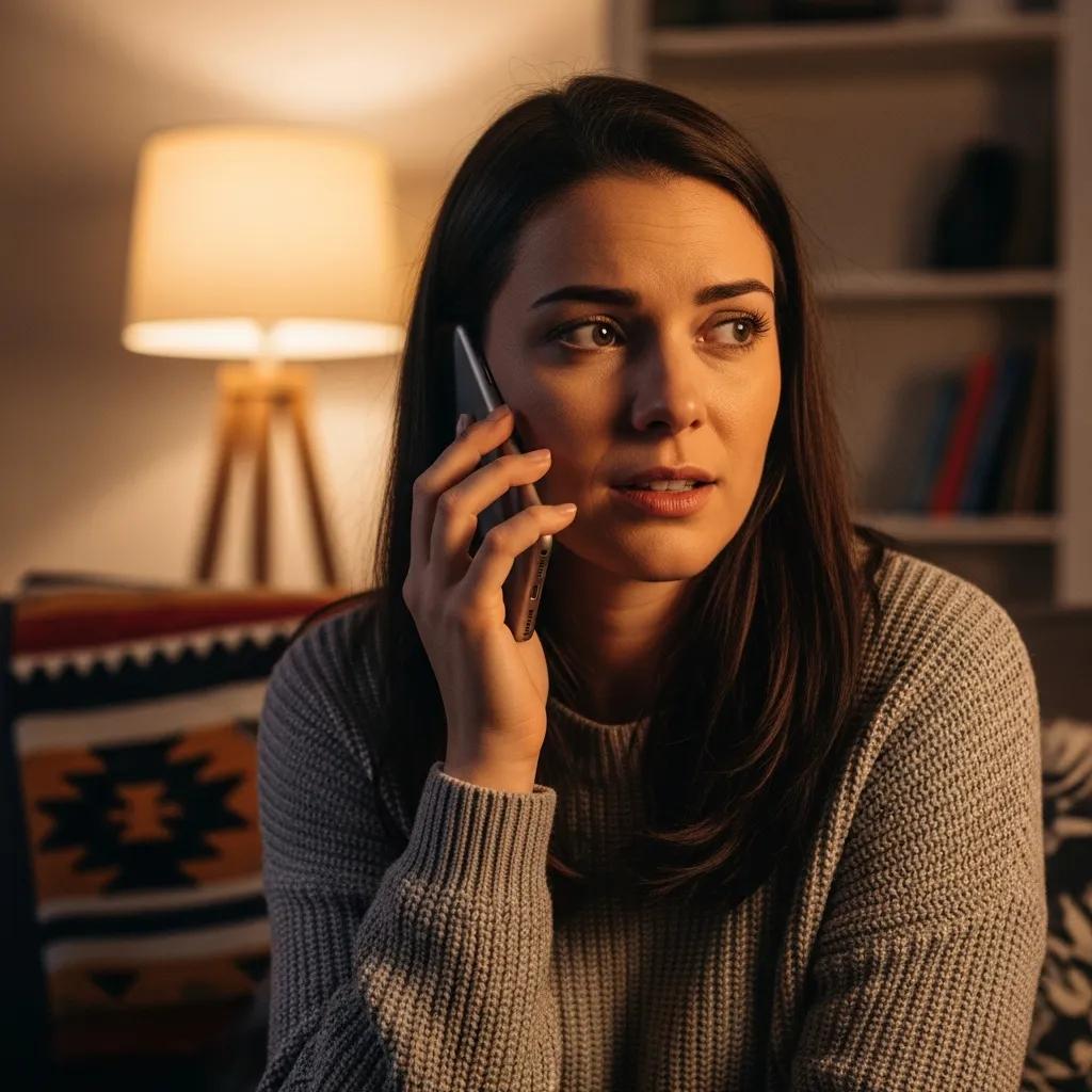 Family member making a phone call for emergency bail bond assistance in a cozy living room