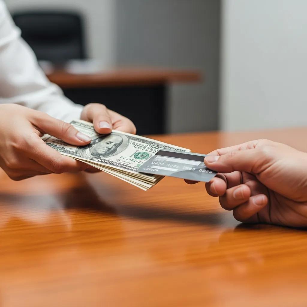Hands exchanging cash and credit card for bail bond payment options