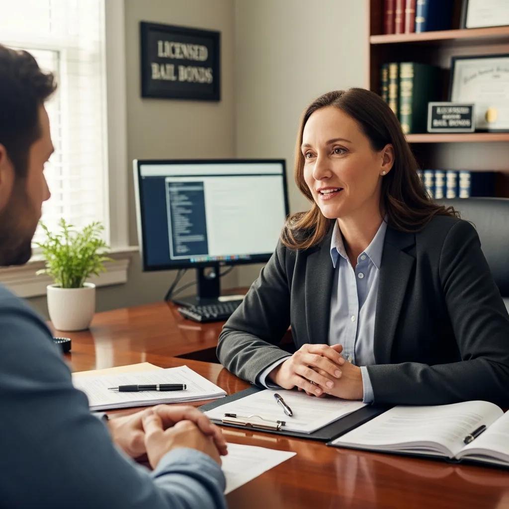 Licensed bail bond agent assisting a client in an office setting