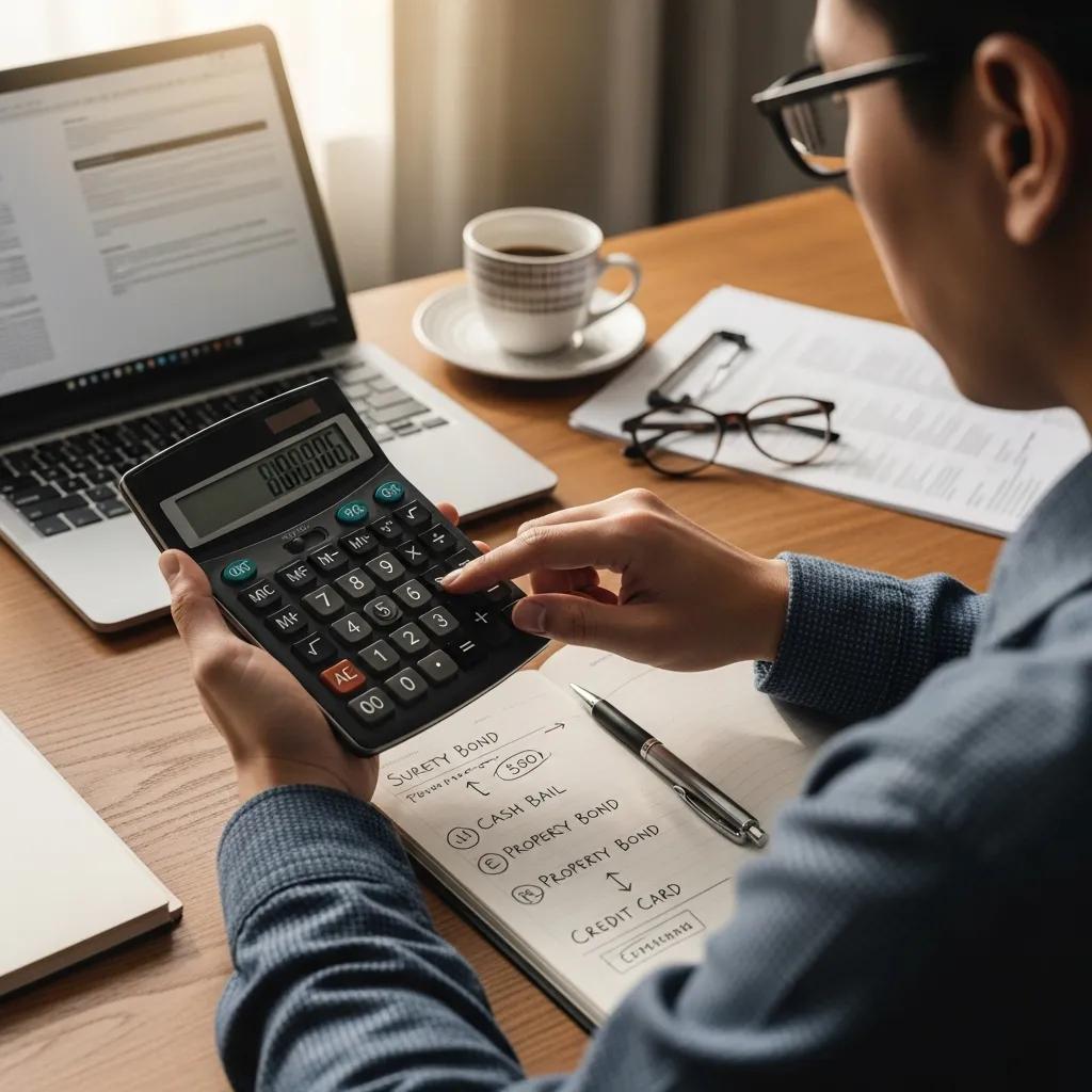 Calculating bail costs with a calculator and notes — comparing payment options